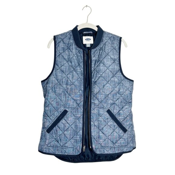 Old Navy Women's Rib Collar Quilted Chambray Print Vest in Blue - Sz M - Picture 2 of 8